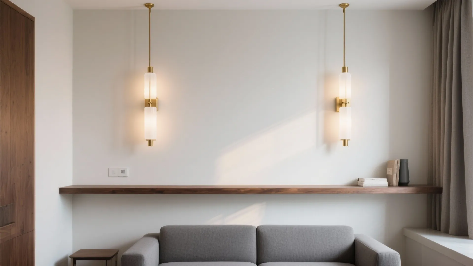 Slim brass sconces with opal diffusers at eye height create a warm, soft glow in a compact living room.