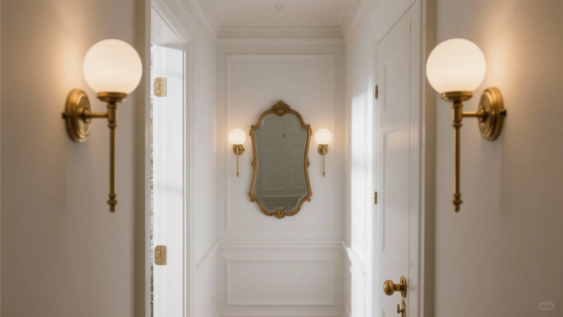 Ornate brass sconces with opal shades