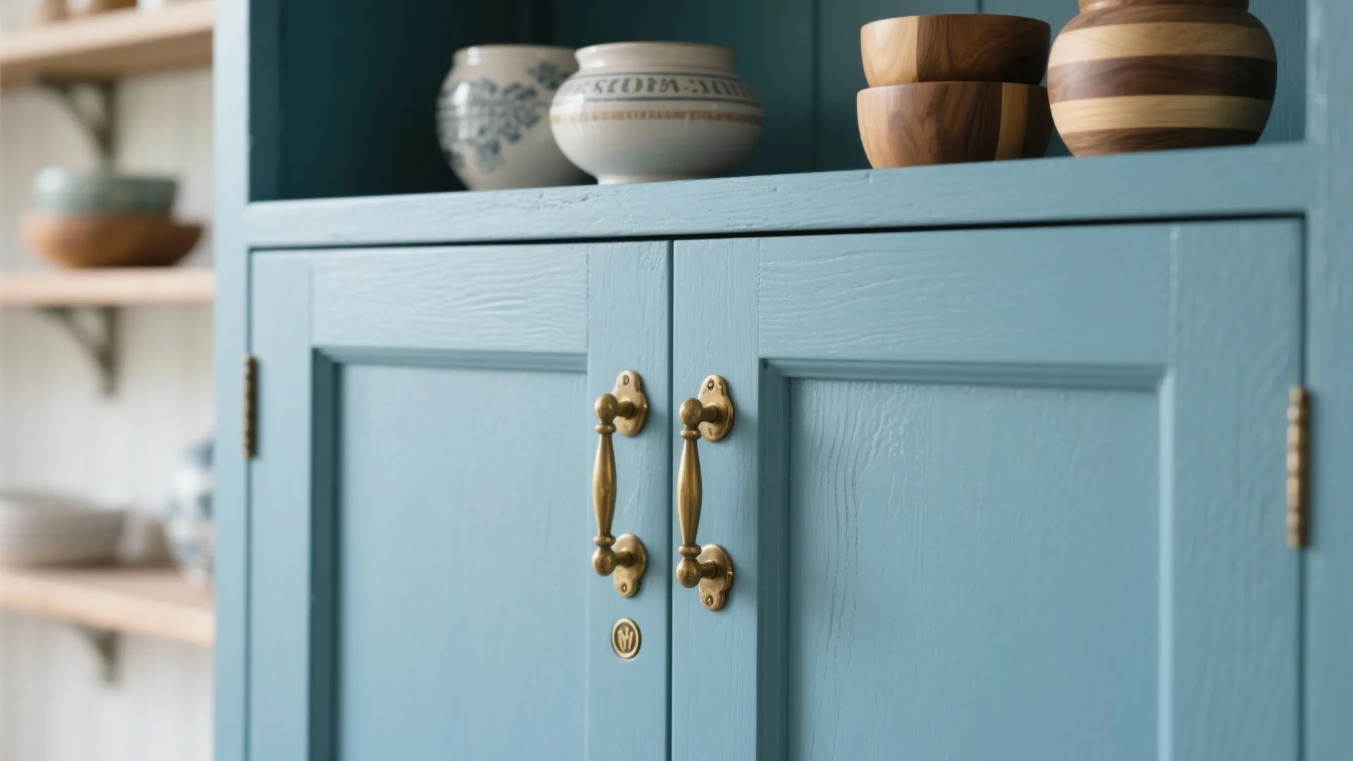 4. Blue Shaker with Brass Hardware and Open Shelves