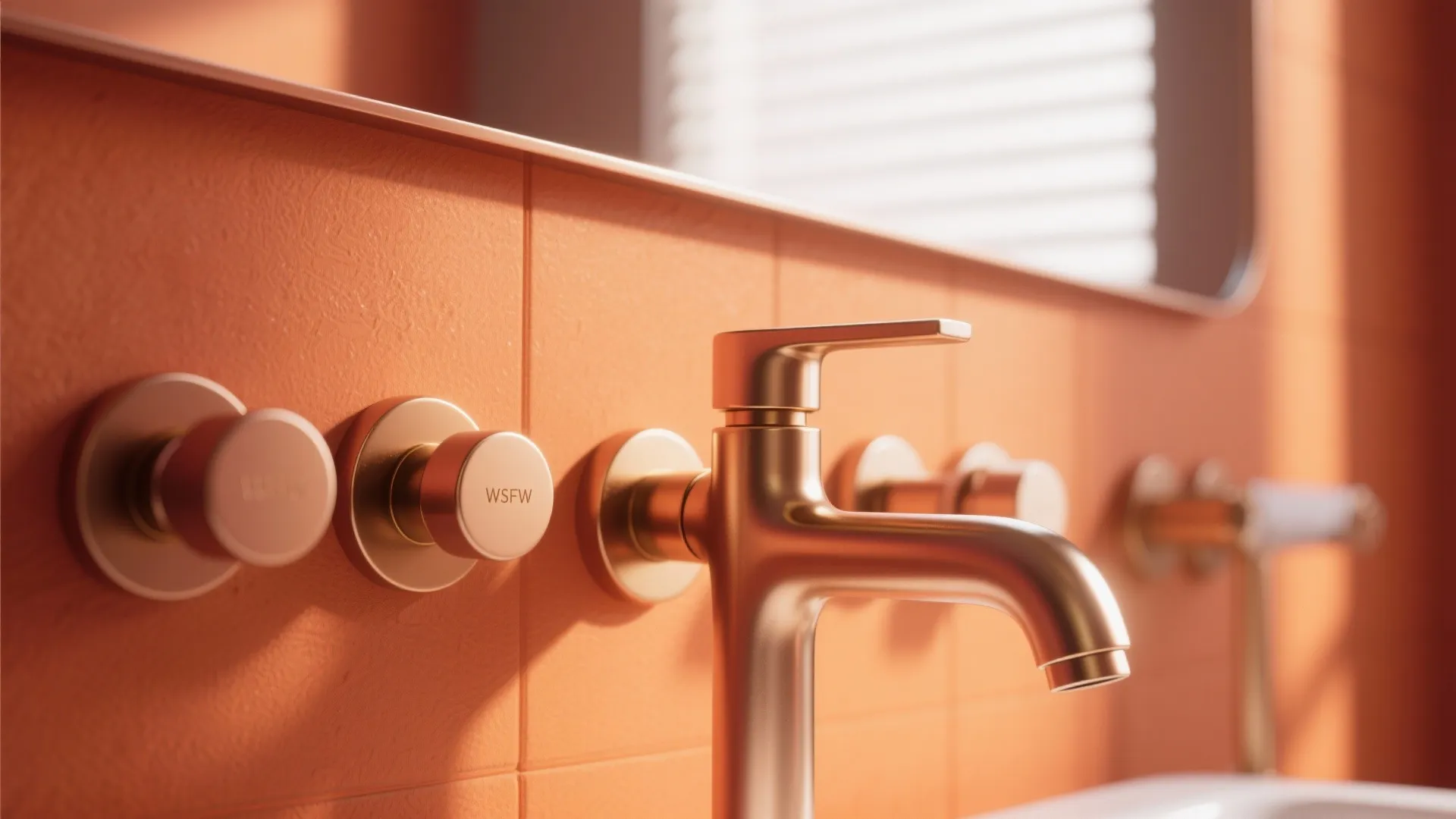 Gold faucet and knobs mounted on orange tile wall inside a modern warm colored bathroom