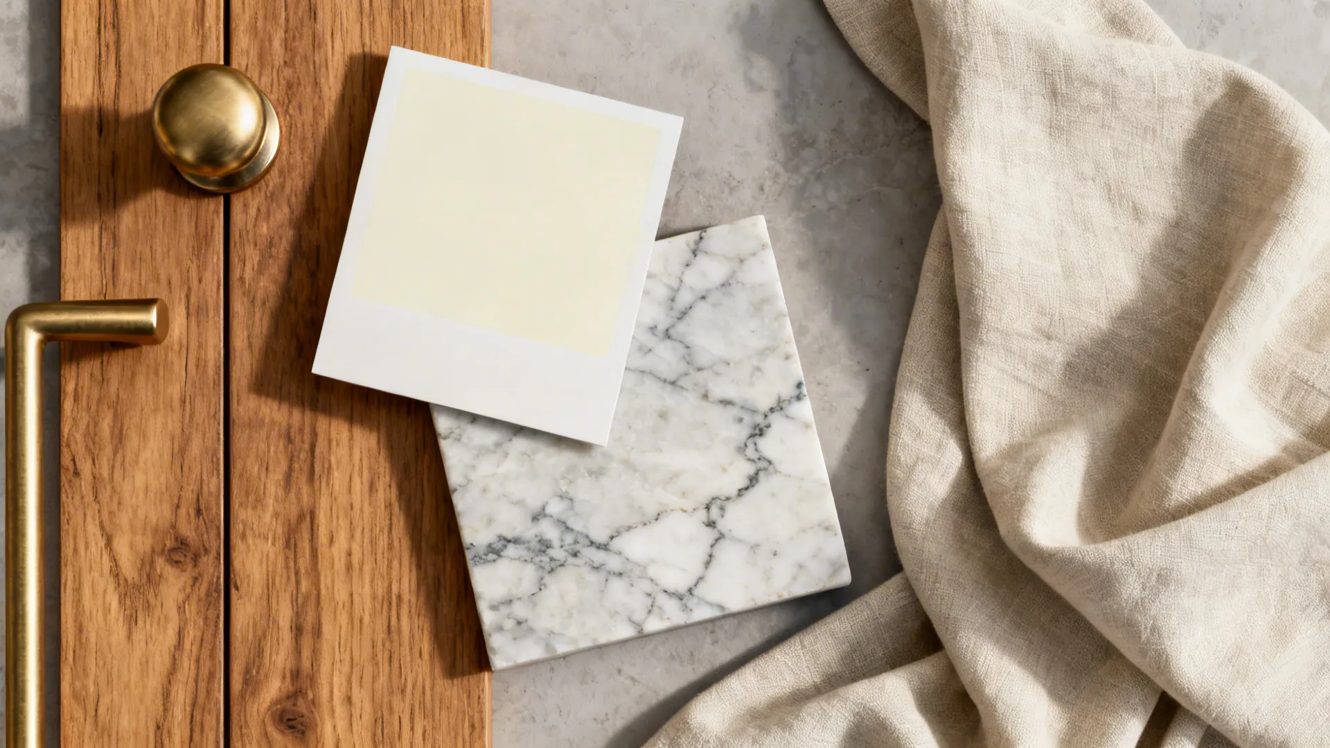 Top-down palette with brushed brass hardware, oak, cream paint, and veined quartz.
