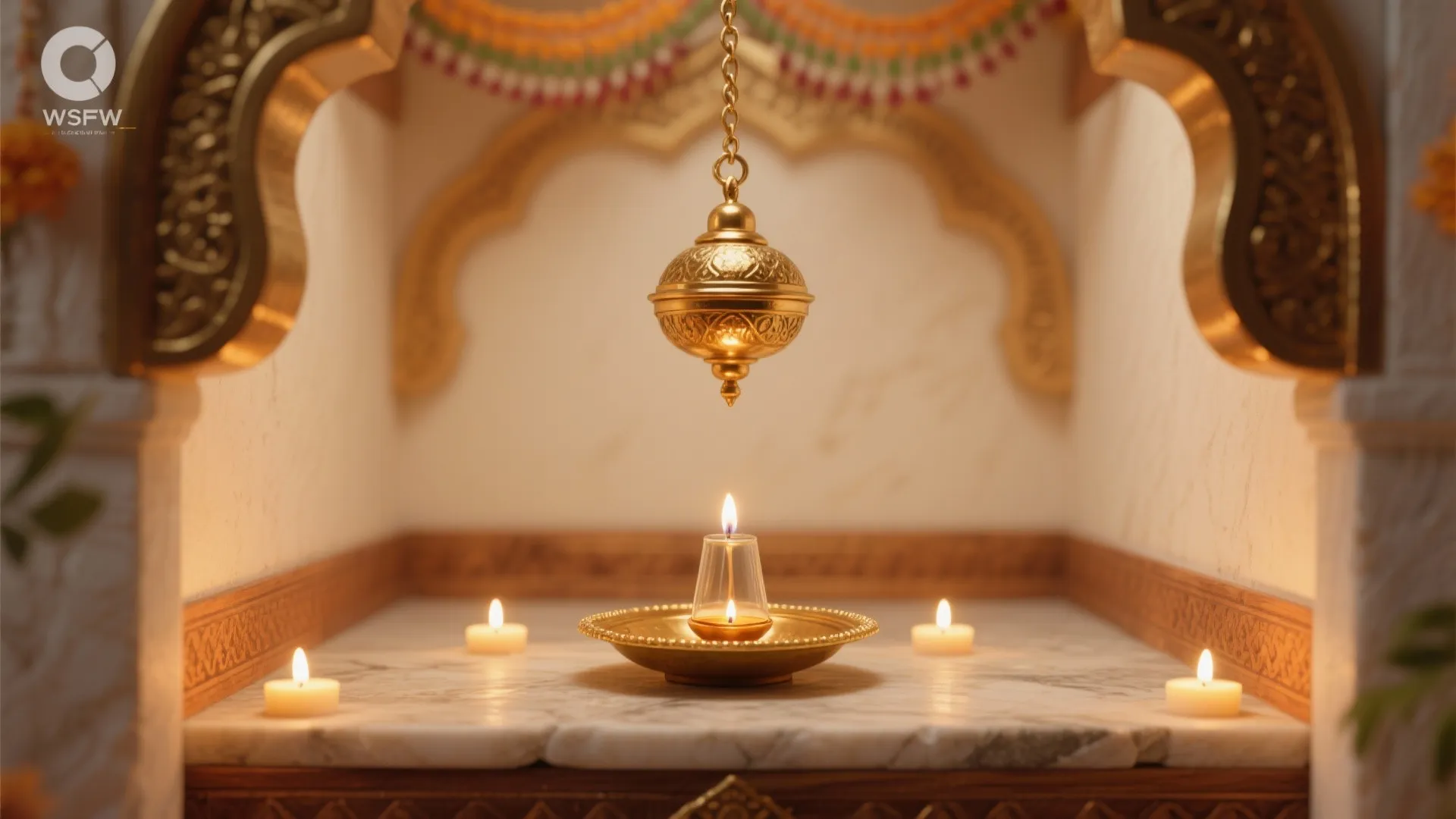 Gold ceiling light hanging over a marble shelf with small candles and warm glowing light