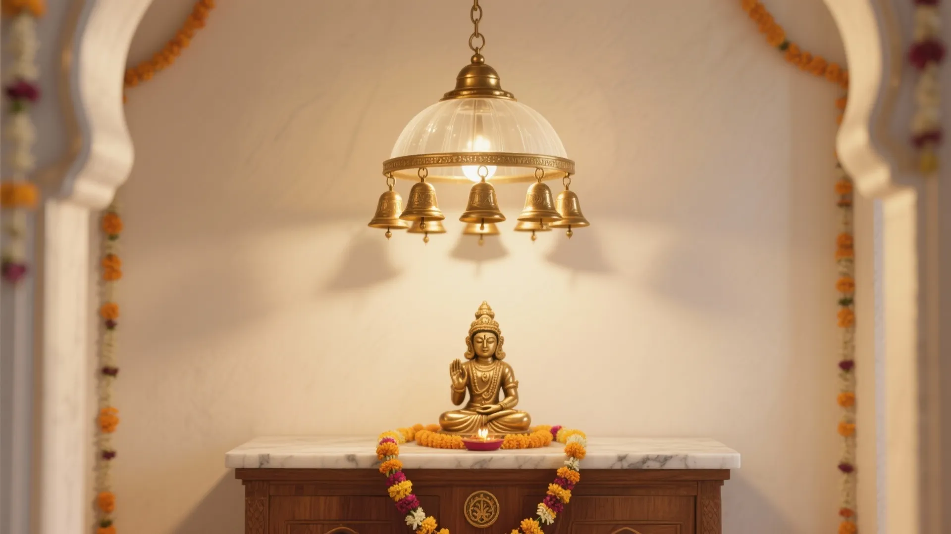 Brass ceiling light with small bells hanging over a gold statue on a marble cabinet