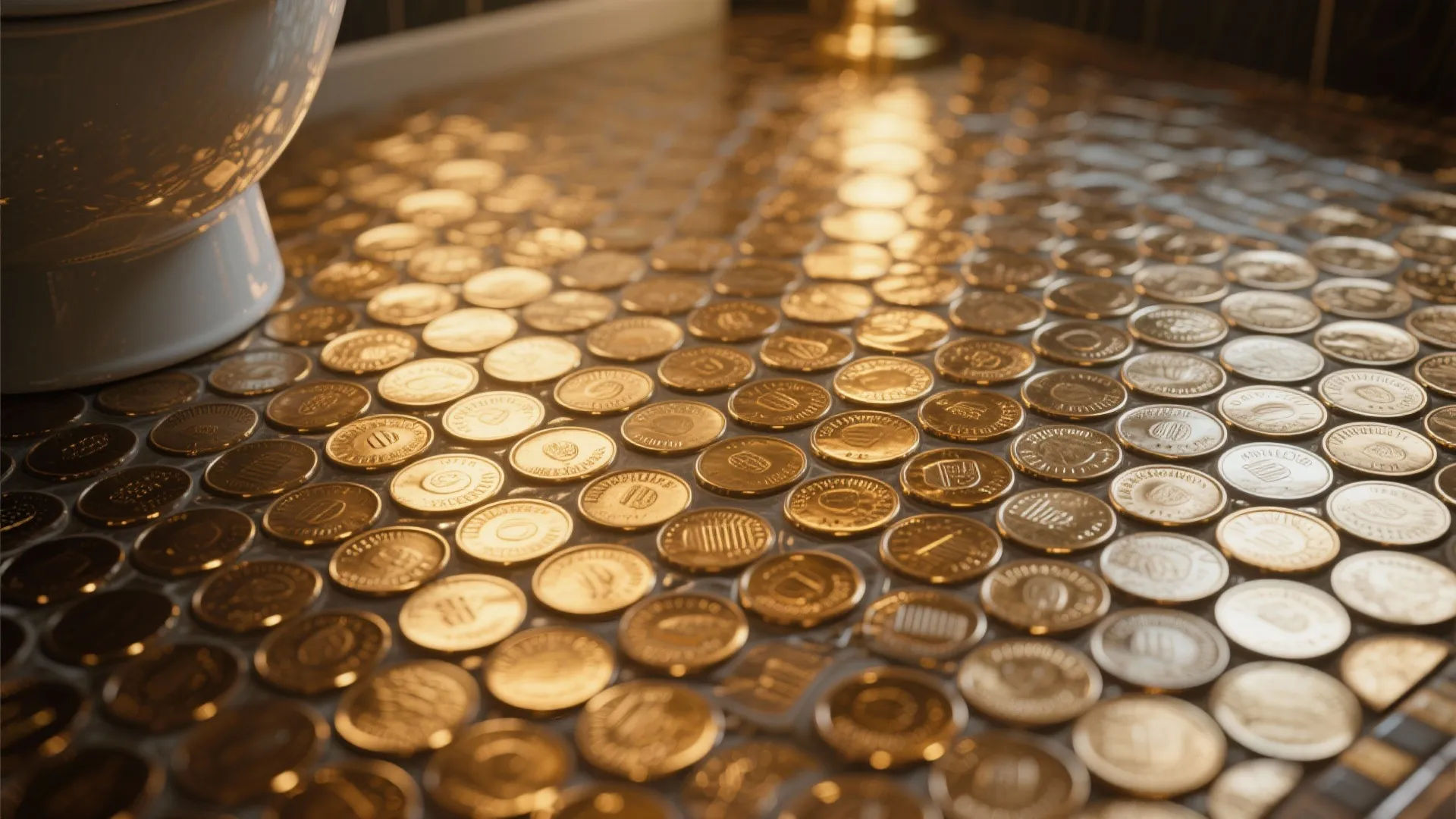 Shiny gold coin style round floor tiles used in a bathroom next to white toilet