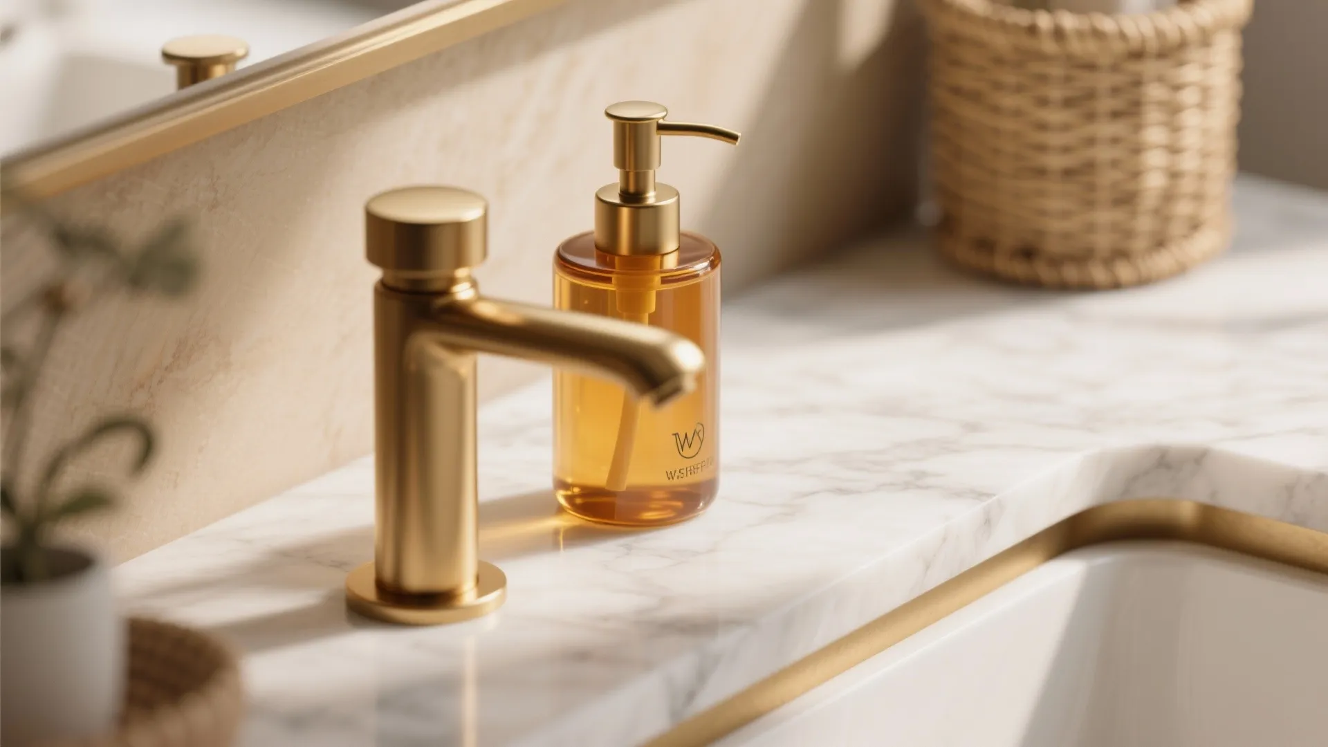 Close up of gold water tap and soap bottle on marble bathroom sink with mirror