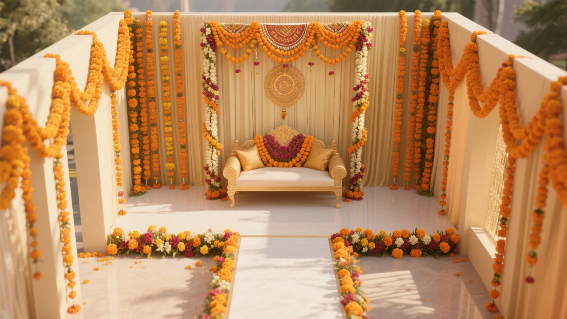 Traditional Brass Jhula, Marigold Garlands, and Toran