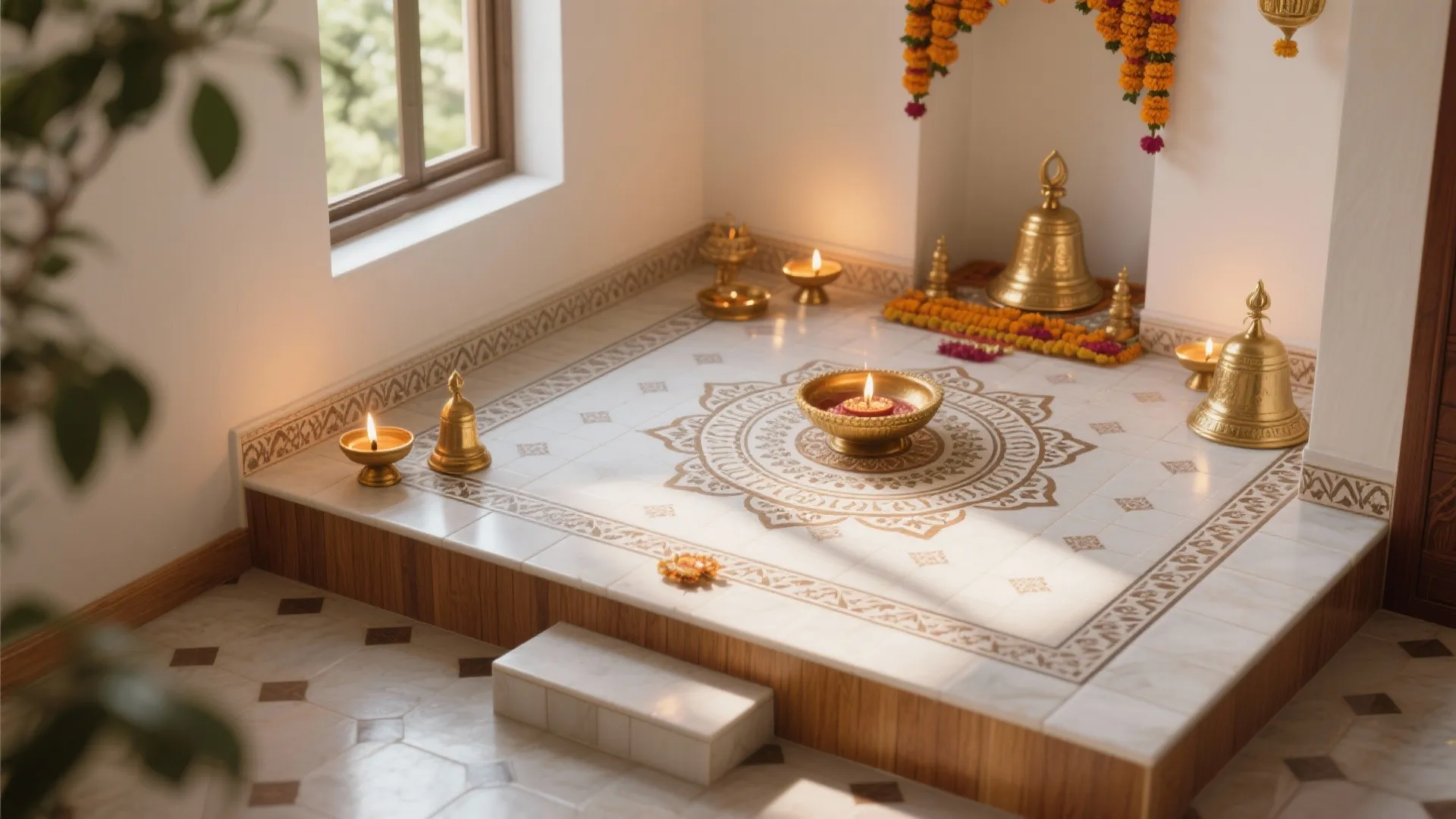 Raised marble platform with patterned floor tiles decorated with brass bells and warm candle light fixtures