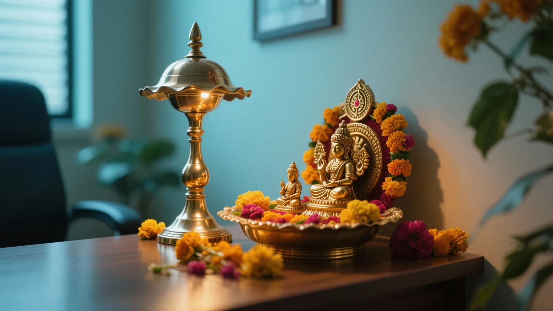 Golden statues and brass lamp on a wooden desk decorated with colorful and fresh flowers