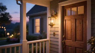 Warm Wooden Front Door with Porch Lantern Design