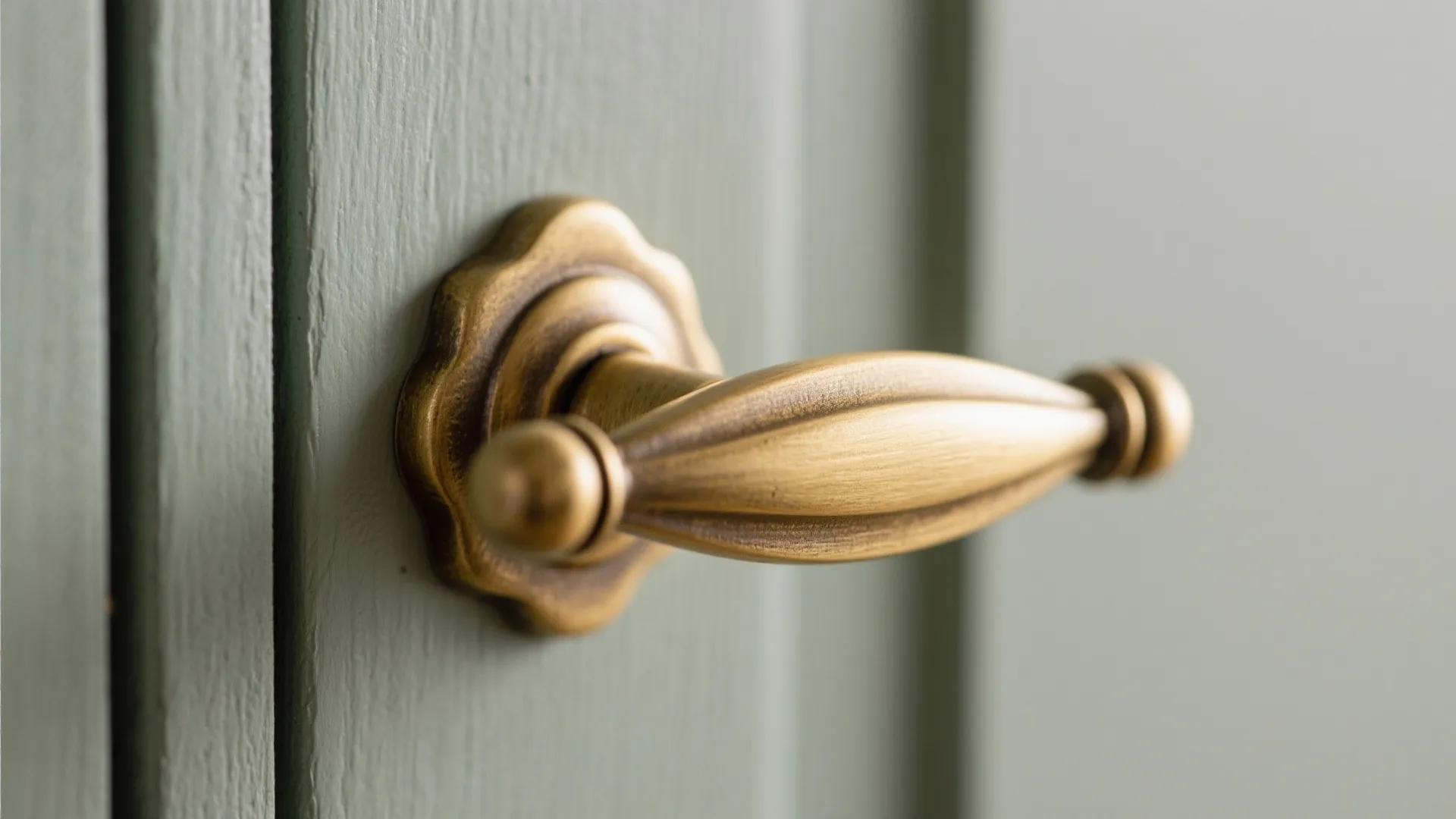 Close-up of a vintage brass door handle on a green wooden cabinet with a soft background