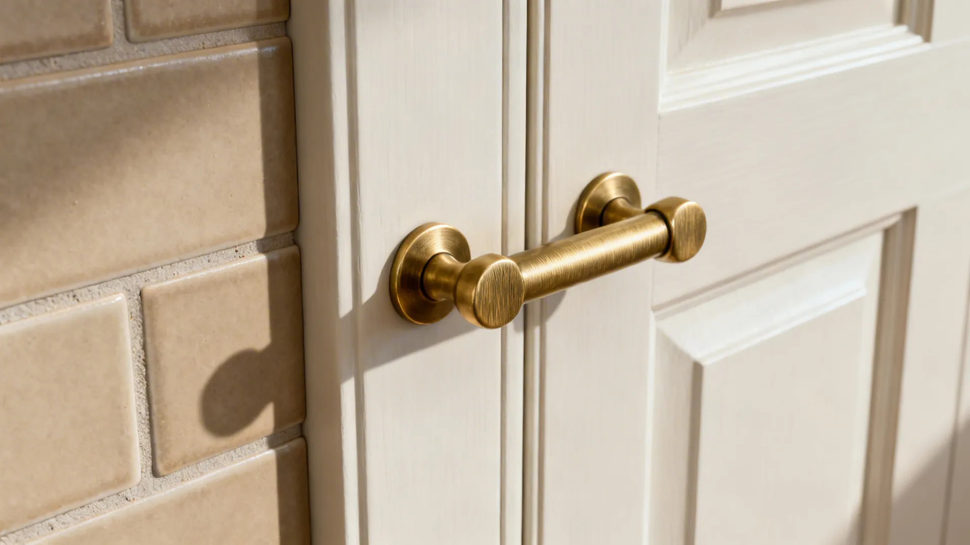 Macro of brushed brass pull next to greige tile showing warm, tactile textures.