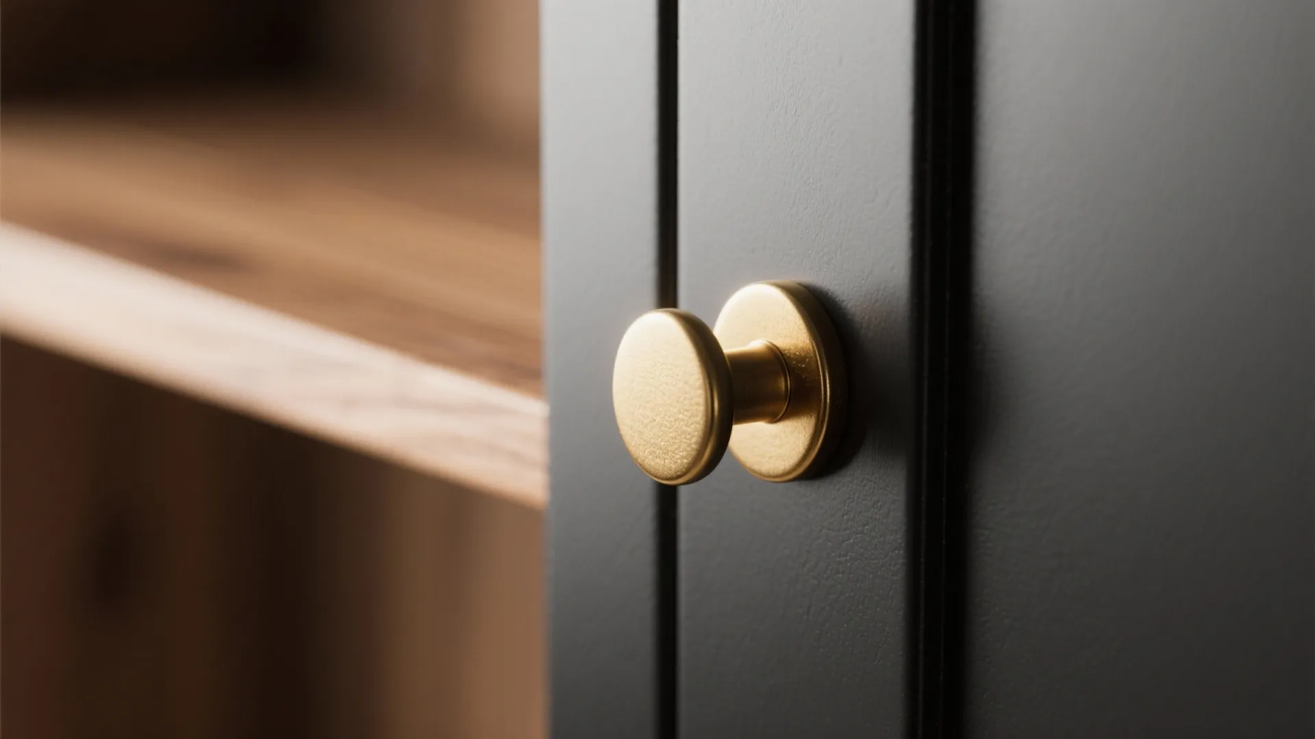 Close up view of a small gold door handle on a dark black kitchen cabinet door