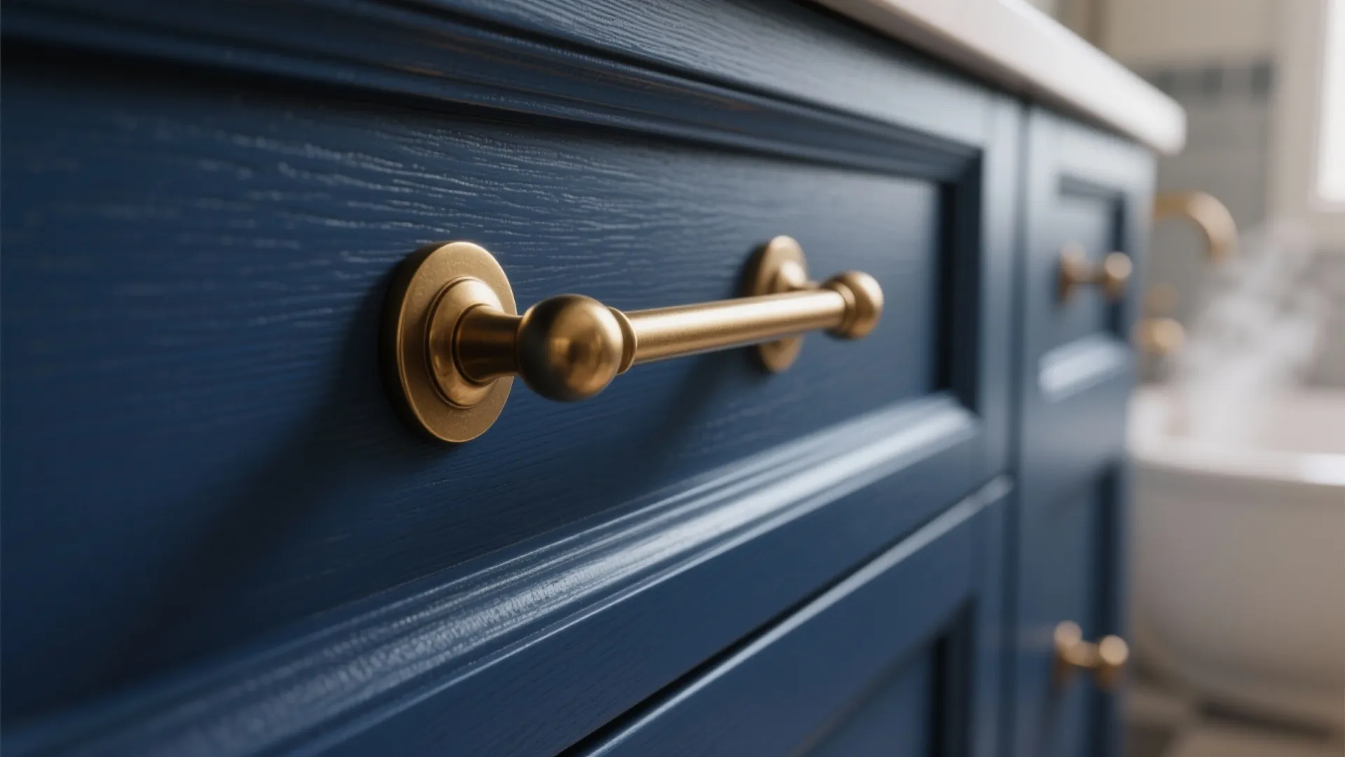 2. Brass hardware to warm up the navy tone