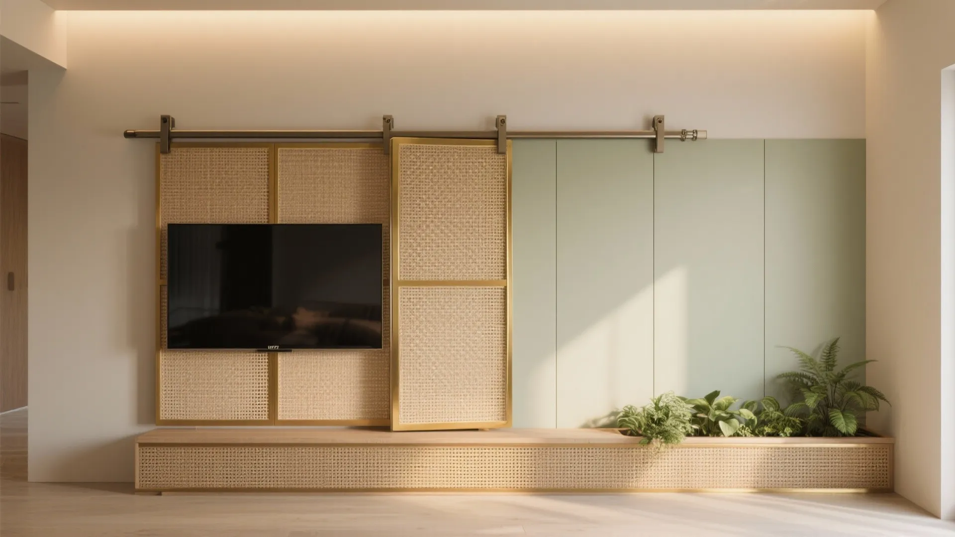 Biophilic Brass–Rattan Hybrid With Sliding Panels