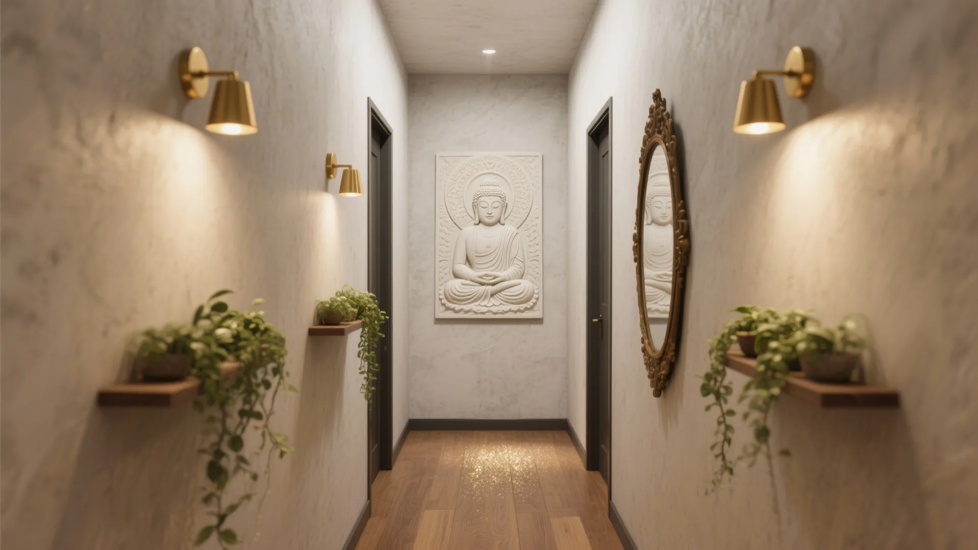 Reflective Warmth: Brass Accents, Gentle Mirrors, and a Relief Panel