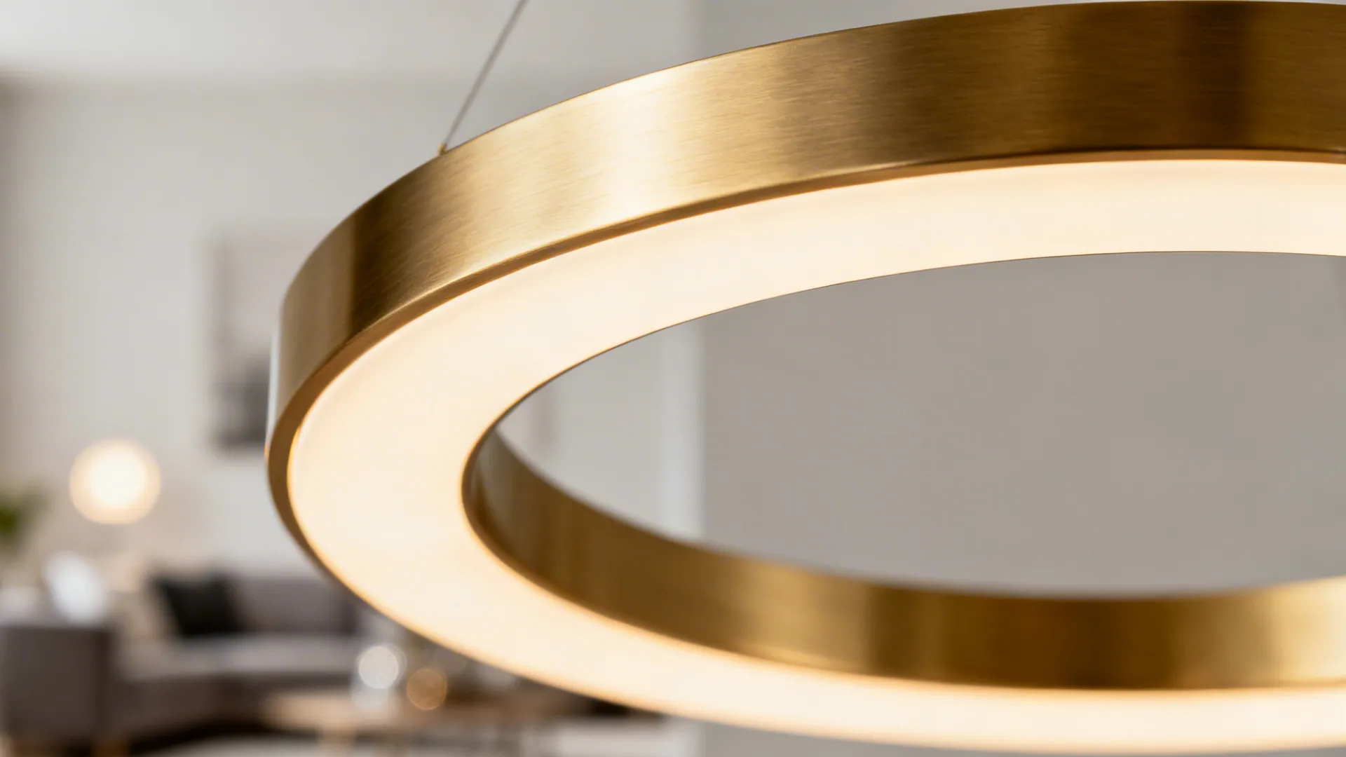 Macro of brushed brass halo jhoomar showing satin texture and warm LED diffuser.