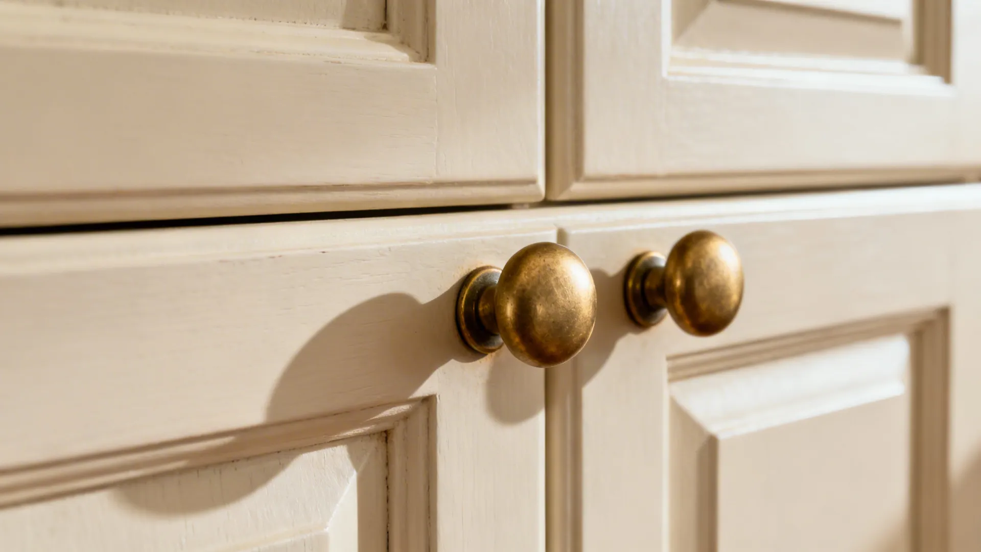 Warm brass round knobs on off-white shaker doors with soft patina.