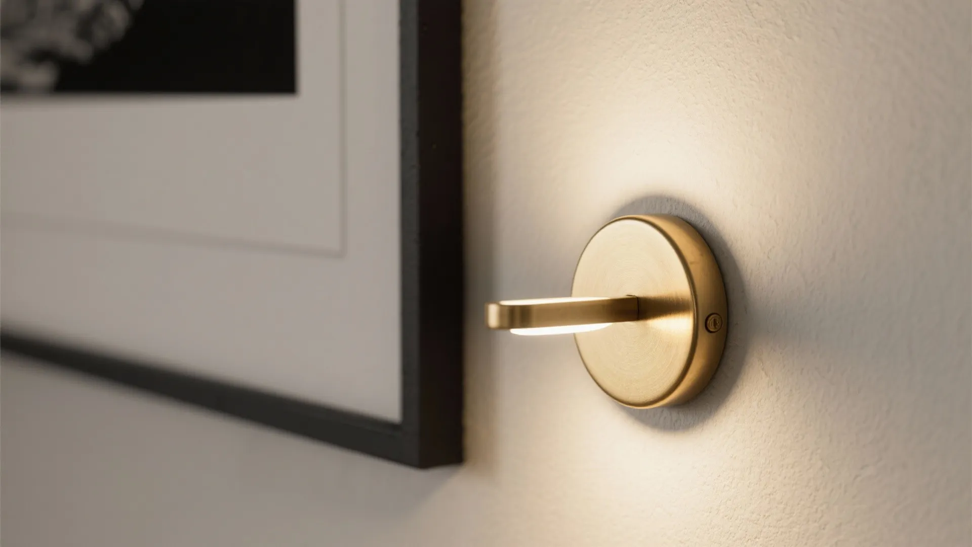 Small round brass wall light mounted on a white wall next to a black frame