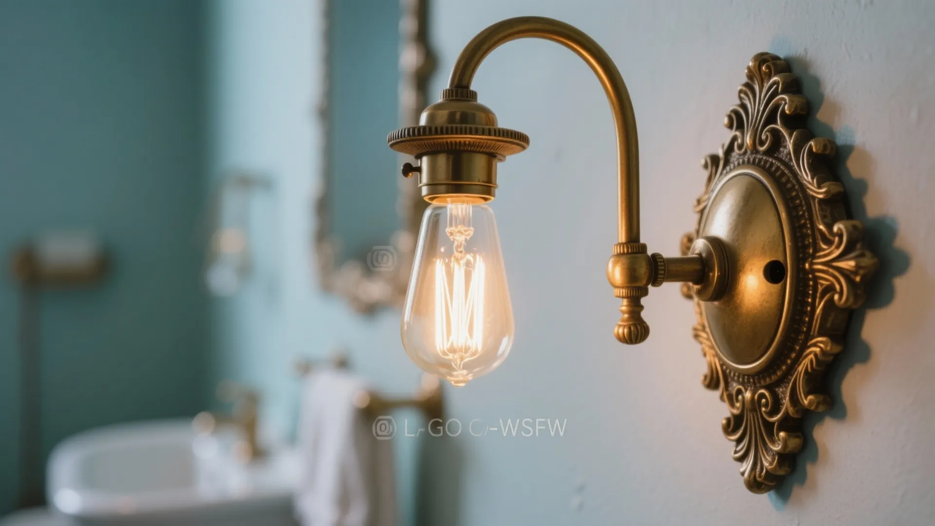 Brass wall light with glass bulb glowing on blue wall in a classic style bathroom interior