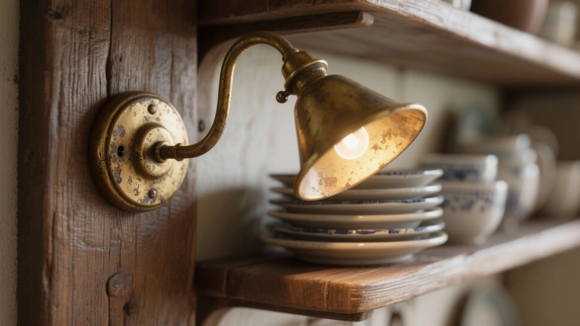 Vintage brass wall light mounted on wood next to kitchen shelves with white ceramic plates
