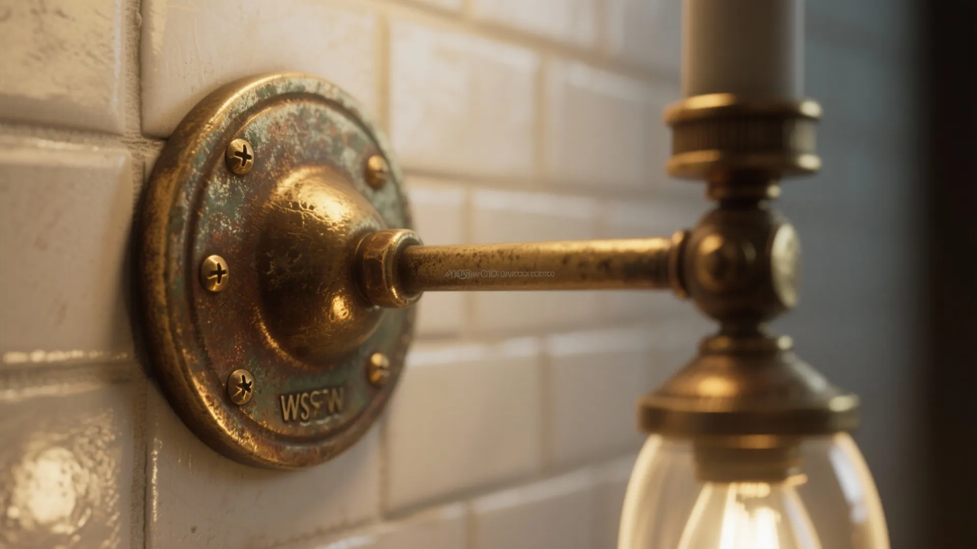 Close up of an antique brass wall light fixture mounted on a white tiled wall