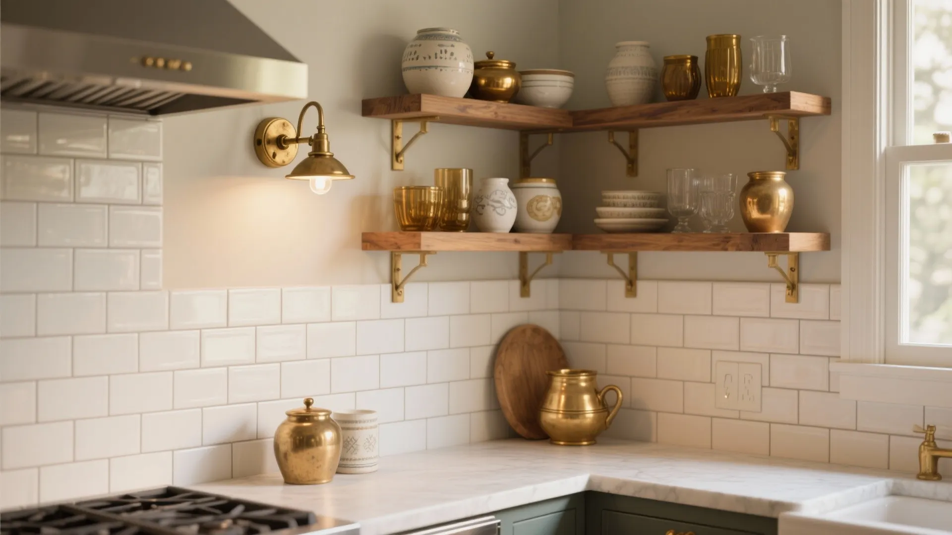 Vintage brass sconces above open shelving