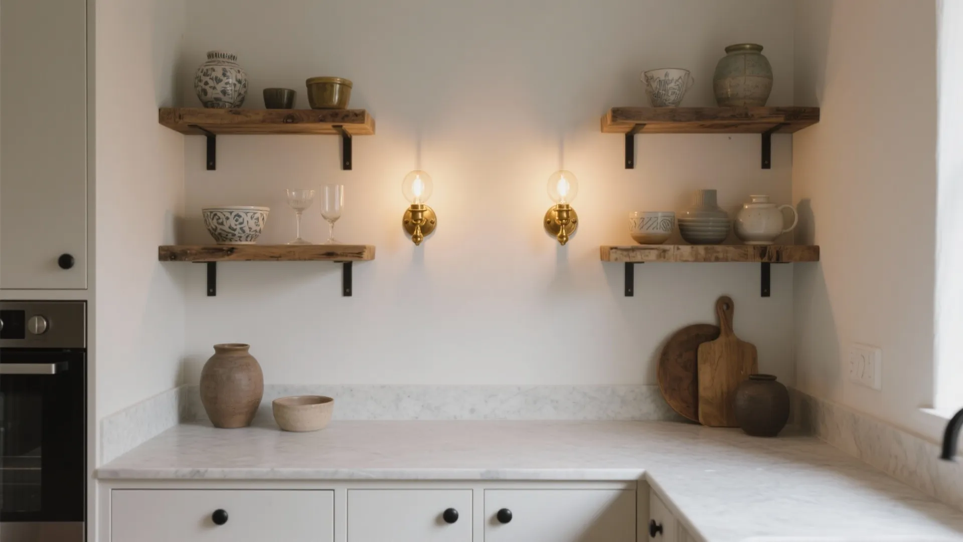 Warm brass sconces over open shelving