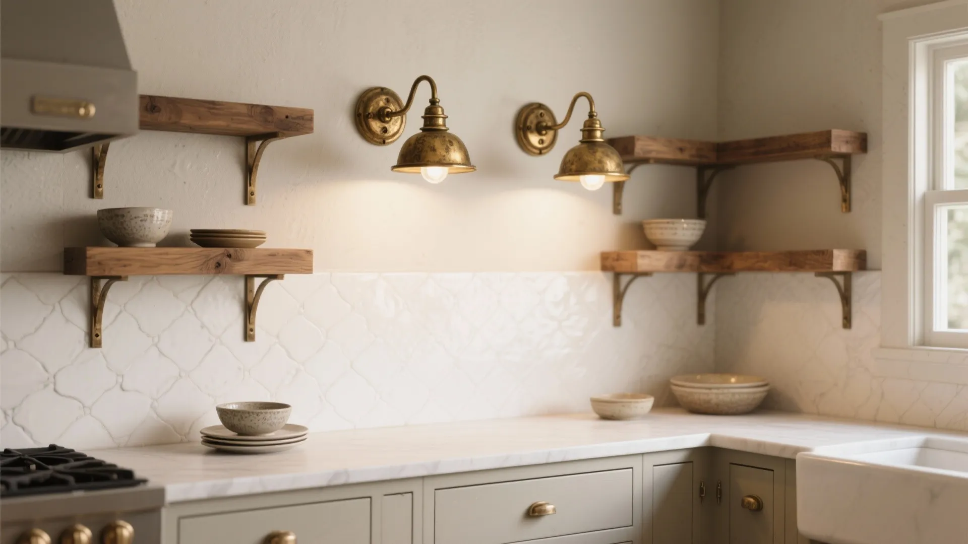 Modern kitchen with brass wall lights above marble countertop and wooden open shelves for storage