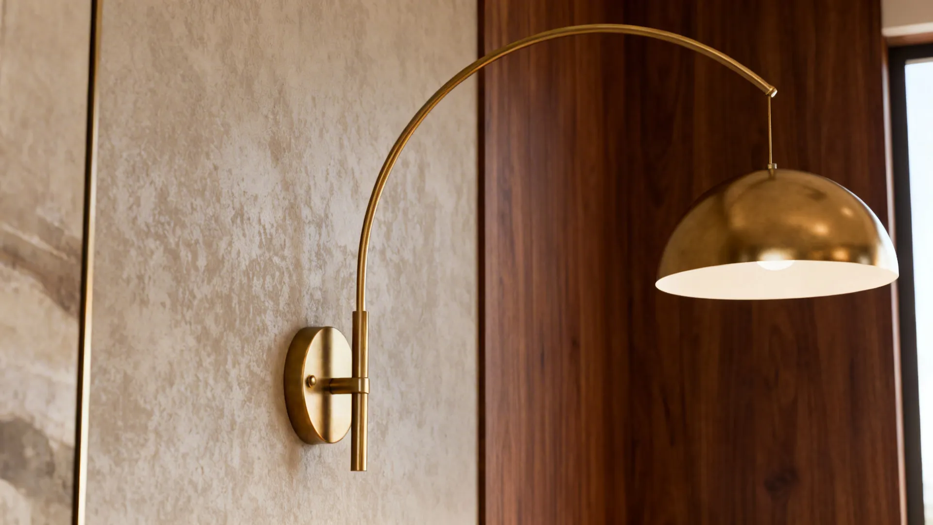Sculptural brass lighting and hardware detail in a mid-century modern interior.
