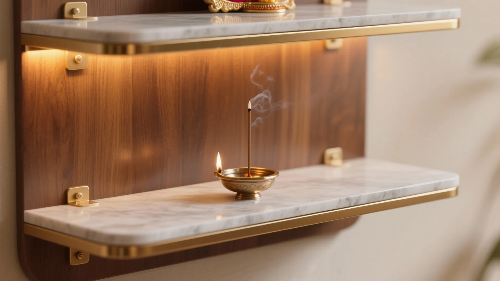 Floating Shelves with Brass Accents and Backlighting
