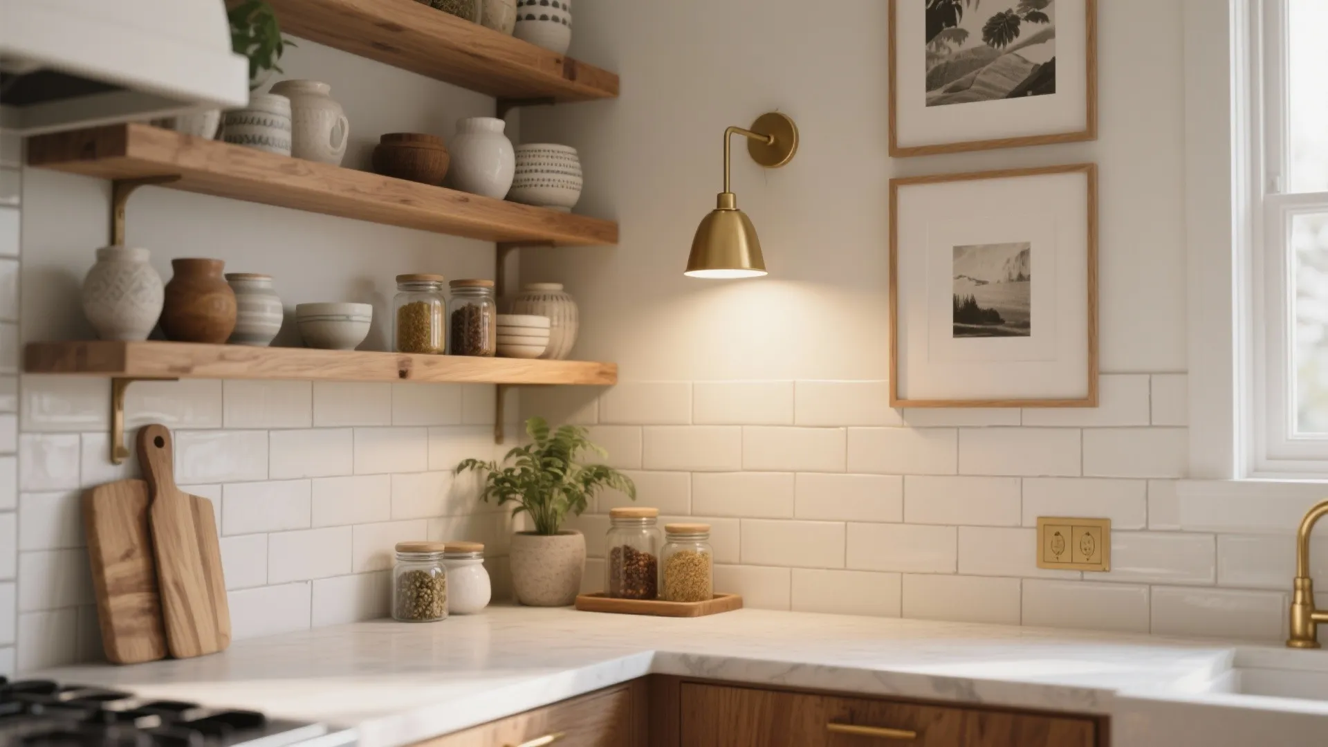 Modern kitchen with wooden wall shelves white tiles brass wall light marble countertop and green plants