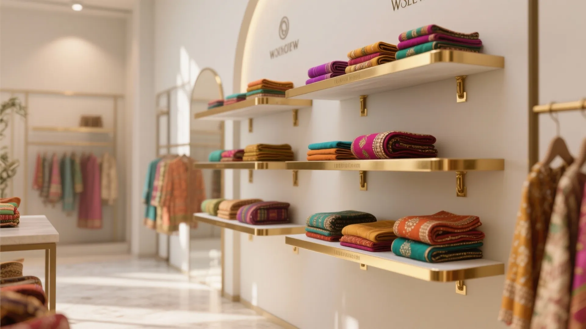 Gold wall shelves displaying folded colorful clothes in a bright and clean modern retail store