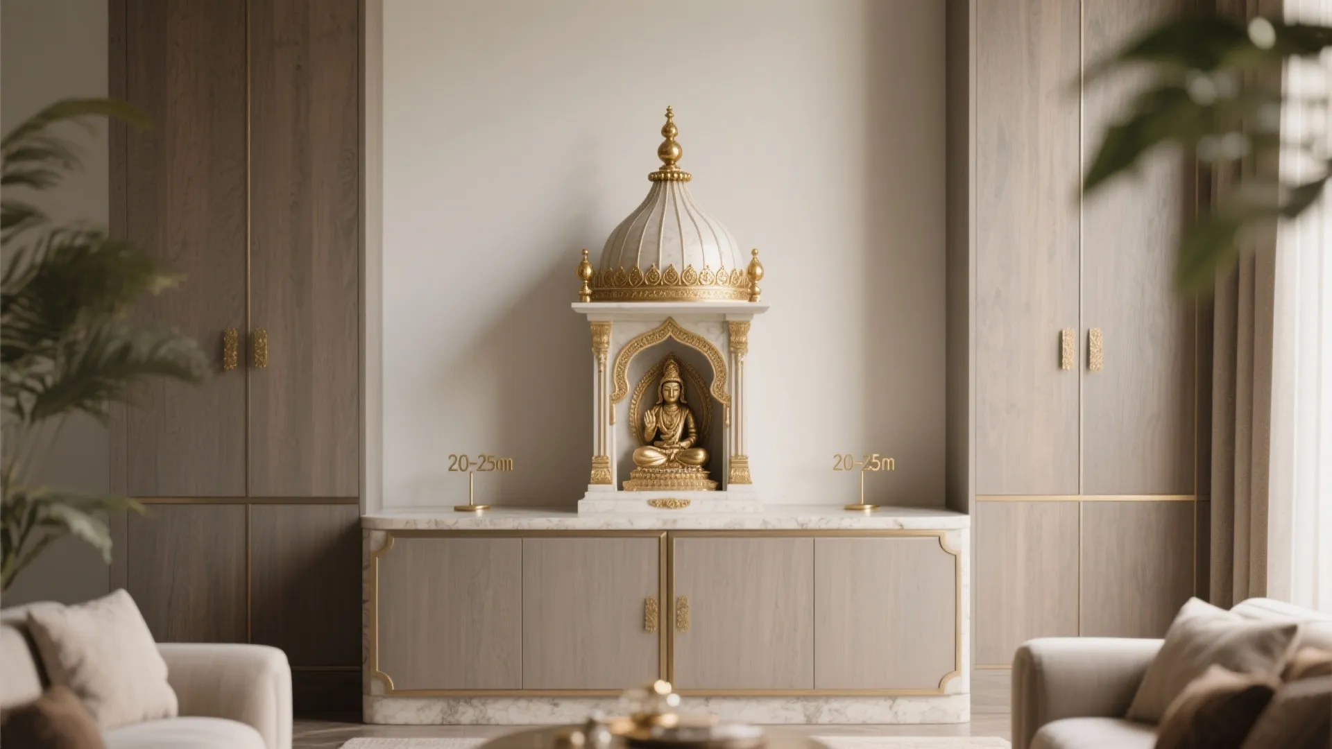 Compact shikhara crown with brass finials above a modern cabinet altar in soft daylight.