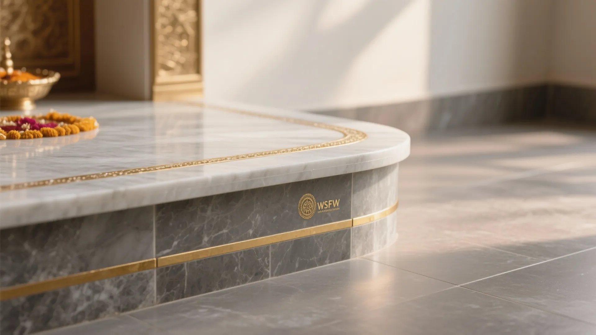 5) Granite/Quartz Tile Platform with Brass Inlays and Skirting