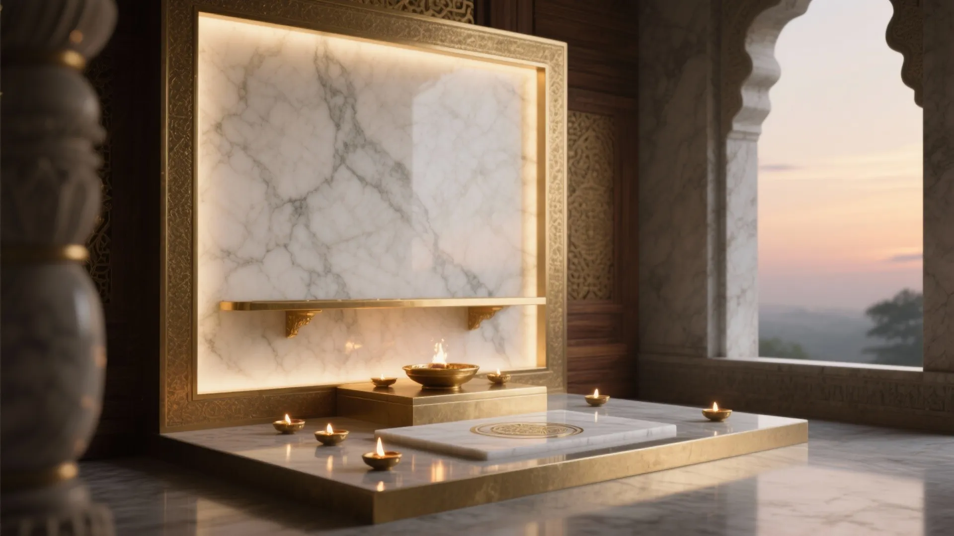 2) Stone-and-Brass Altar with Gentle Backlight