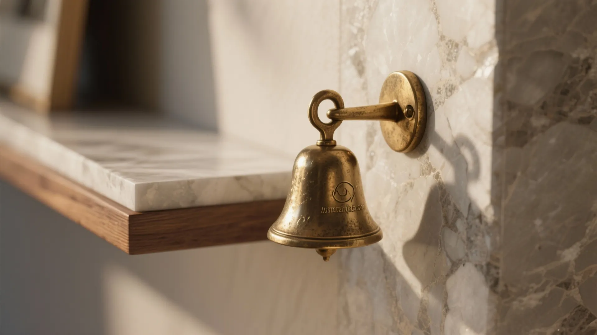 Stone plinth with brass details and open shelves