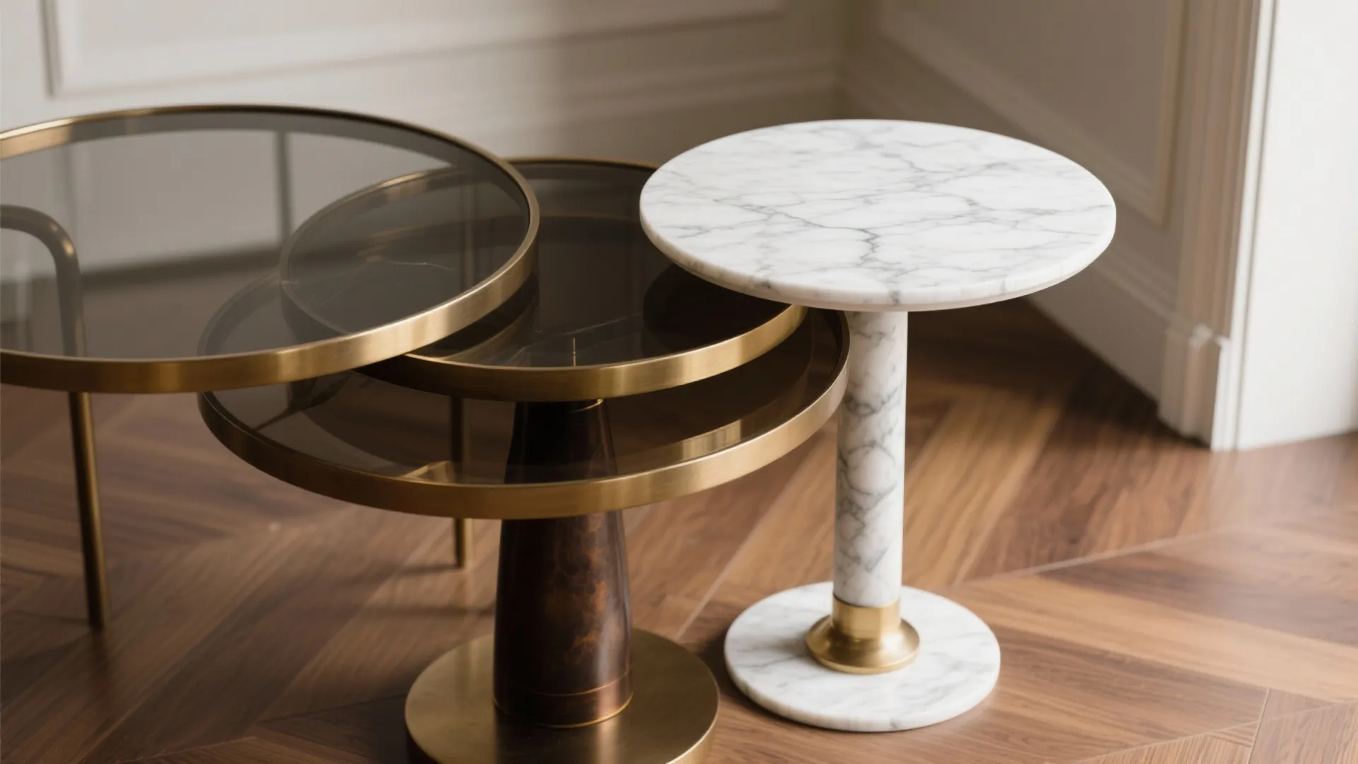 4) Petite stone, brass, and smoked glass accents for layered materiality