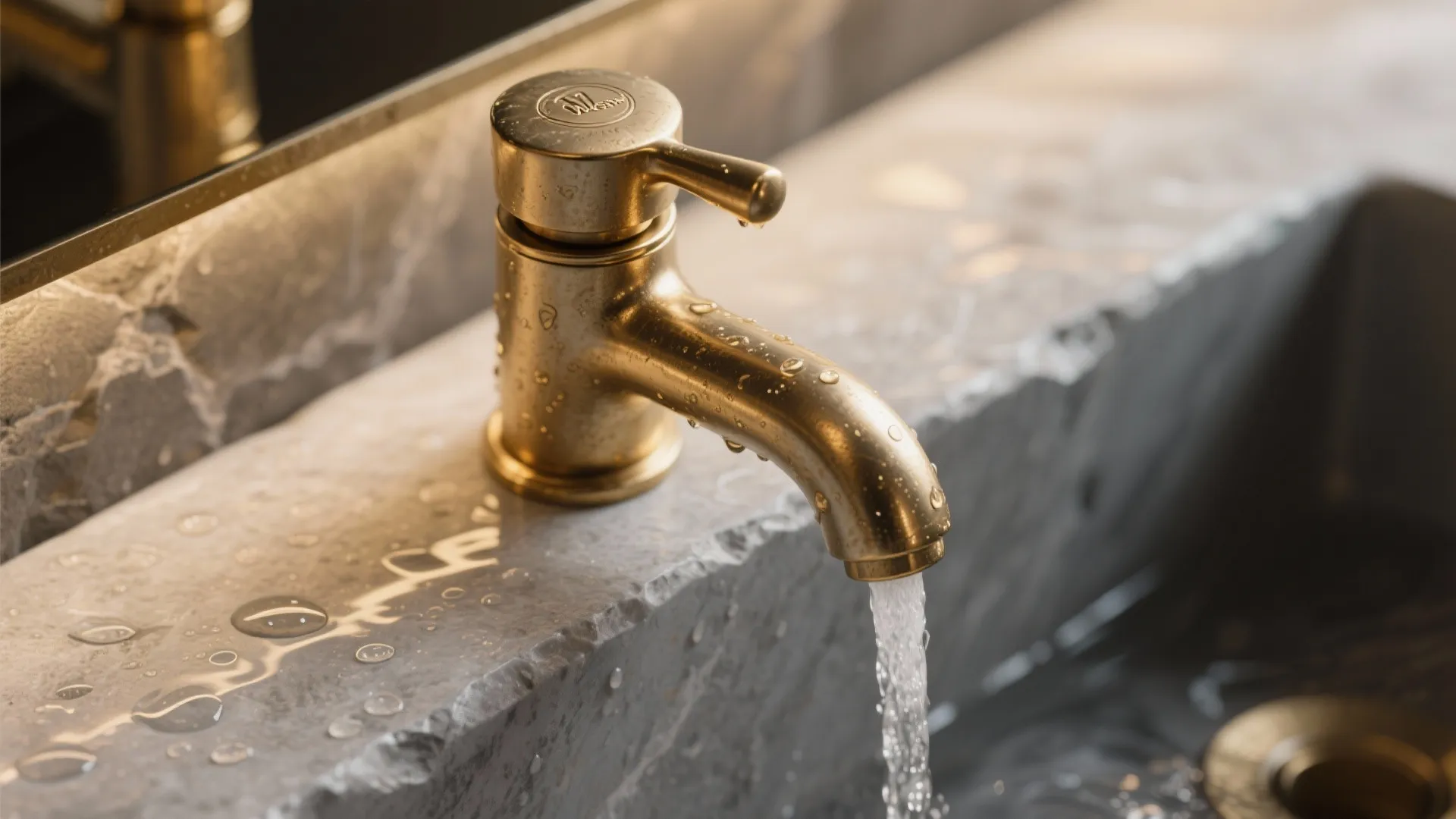 Close up of a gold water tap on stone sink with running water and droplets