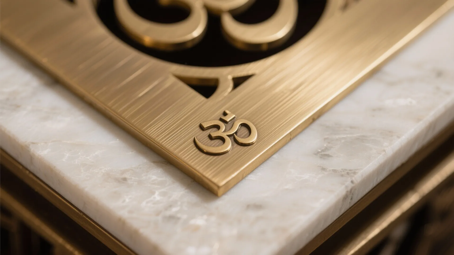 Macro of brushed brass OM jali meeting a honed stone surface with crisp detail.