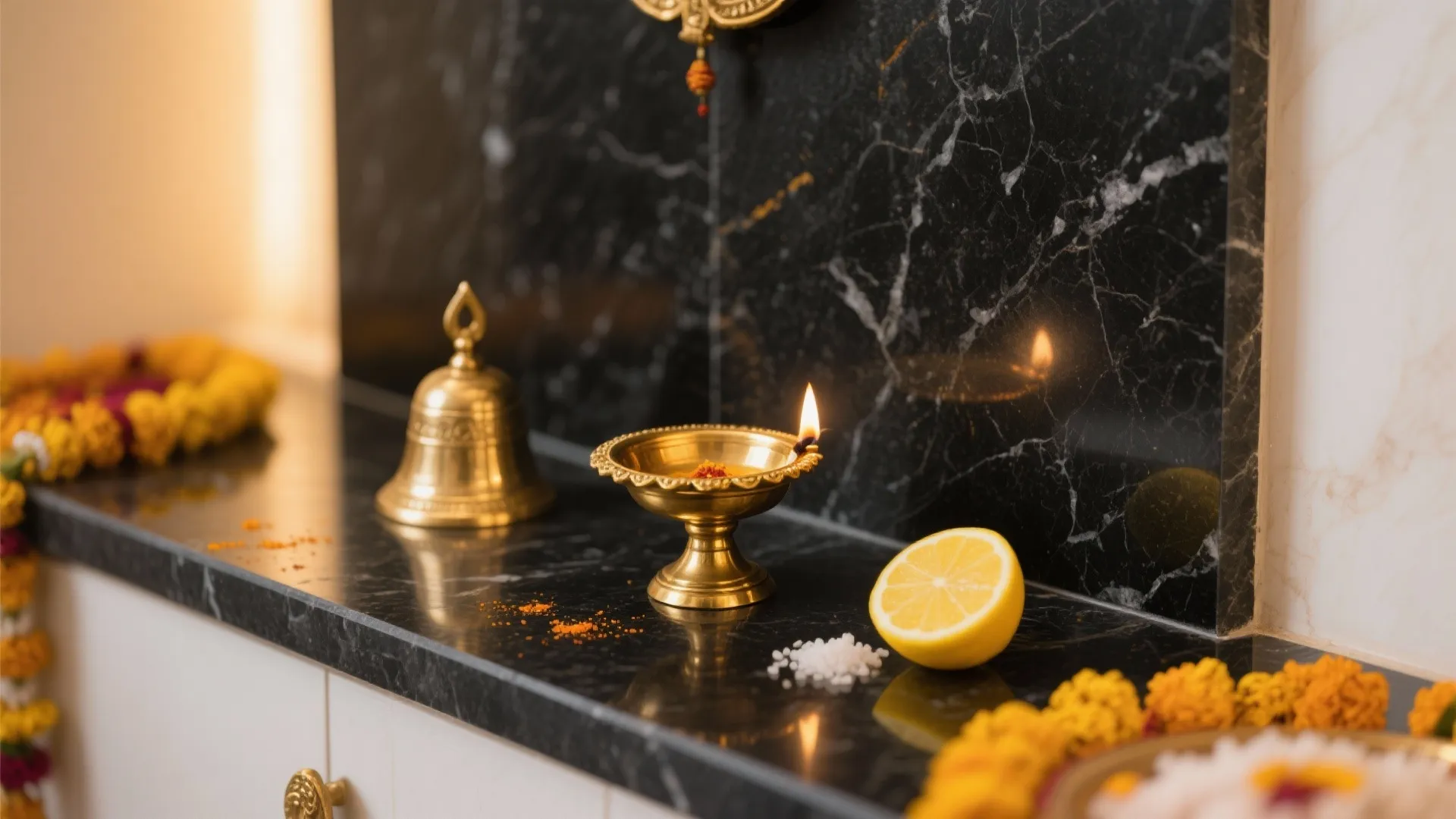 Macro of brass diya and bell against honed granite backsplash showing durable, easy-clean finishes.