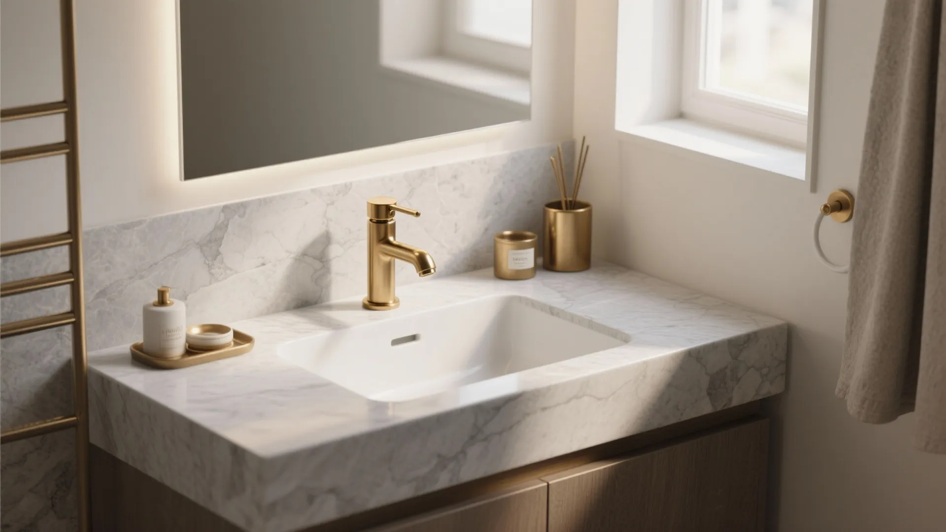 White marble bathroom sink with gold faucet mirror wood cabinet window and modern decorative items