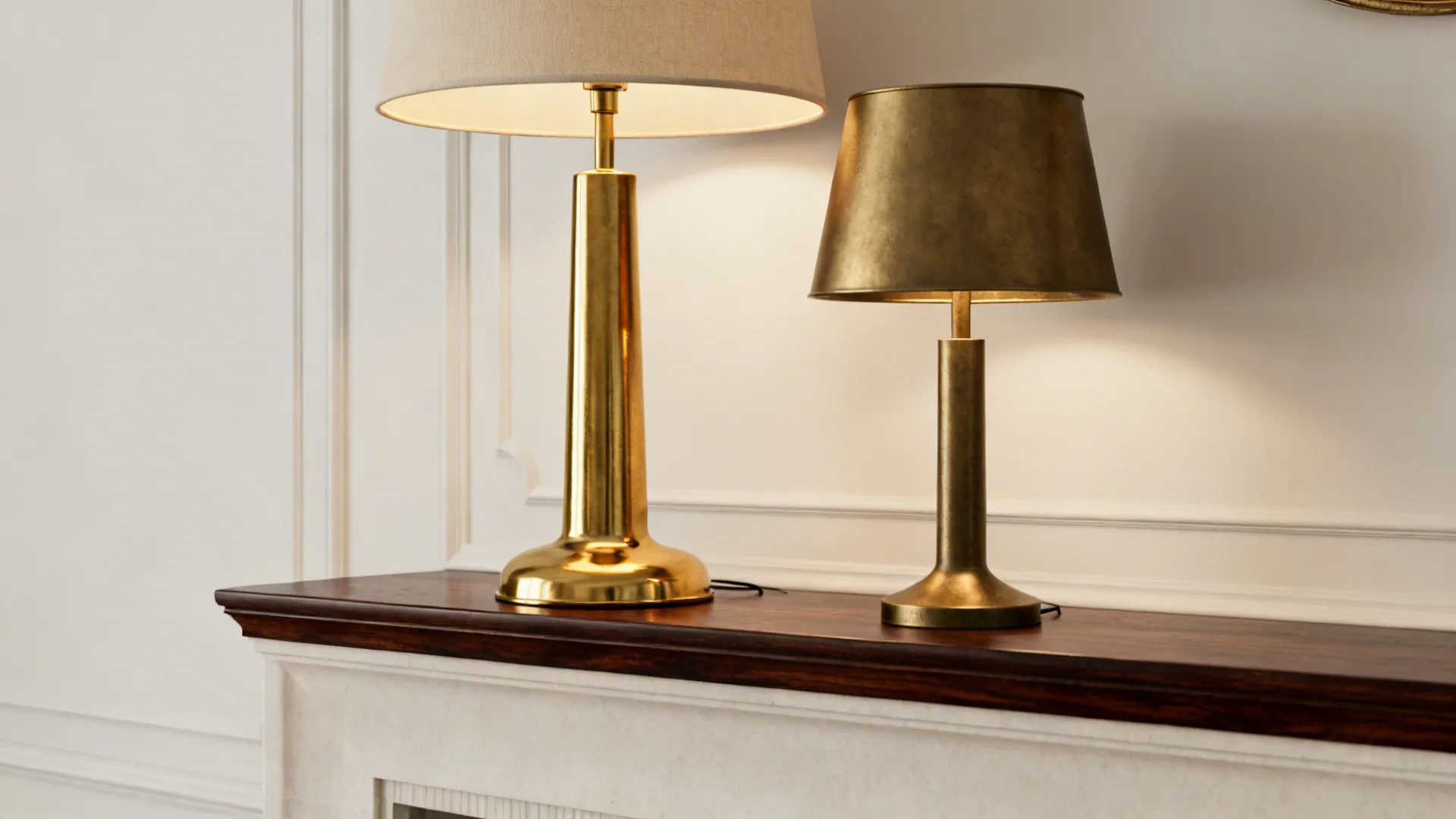 Two brass lamps of different heights styled on a console to show symmetry and variation.