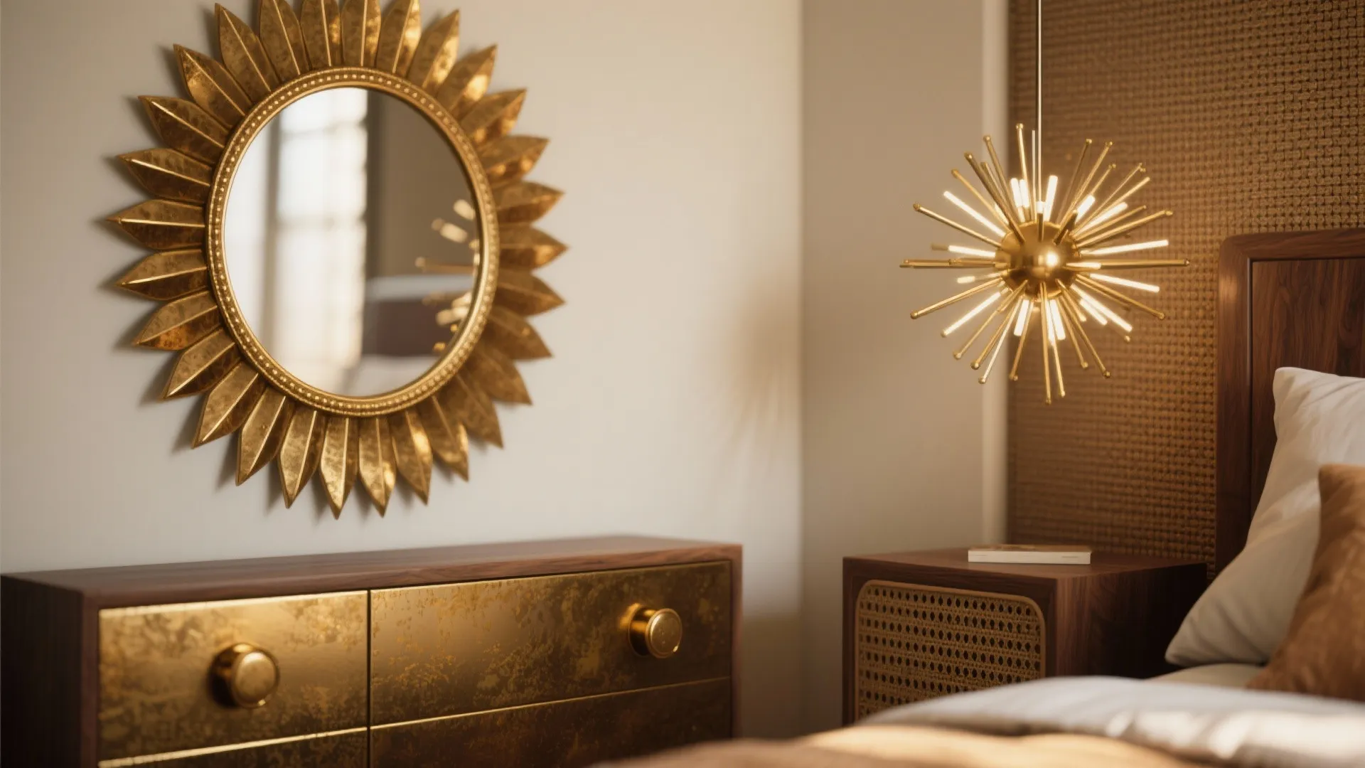 Close-up of a brass sunburst mirror and brass fixtures balanced with matte wood and woven textures.