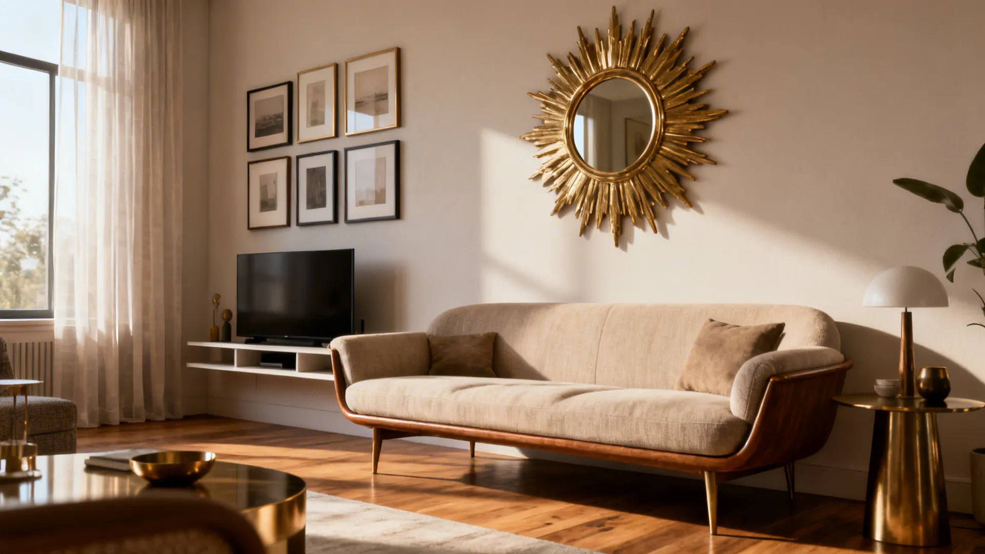 Sunlit living room featuring a beige sofa with a large gold sun mirror on wall