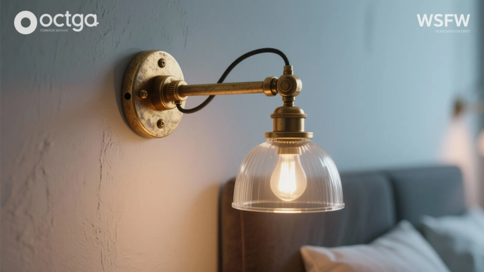 Close-up of a brass swing-arm pendant bracket showing the joint and glass shade in warm light.