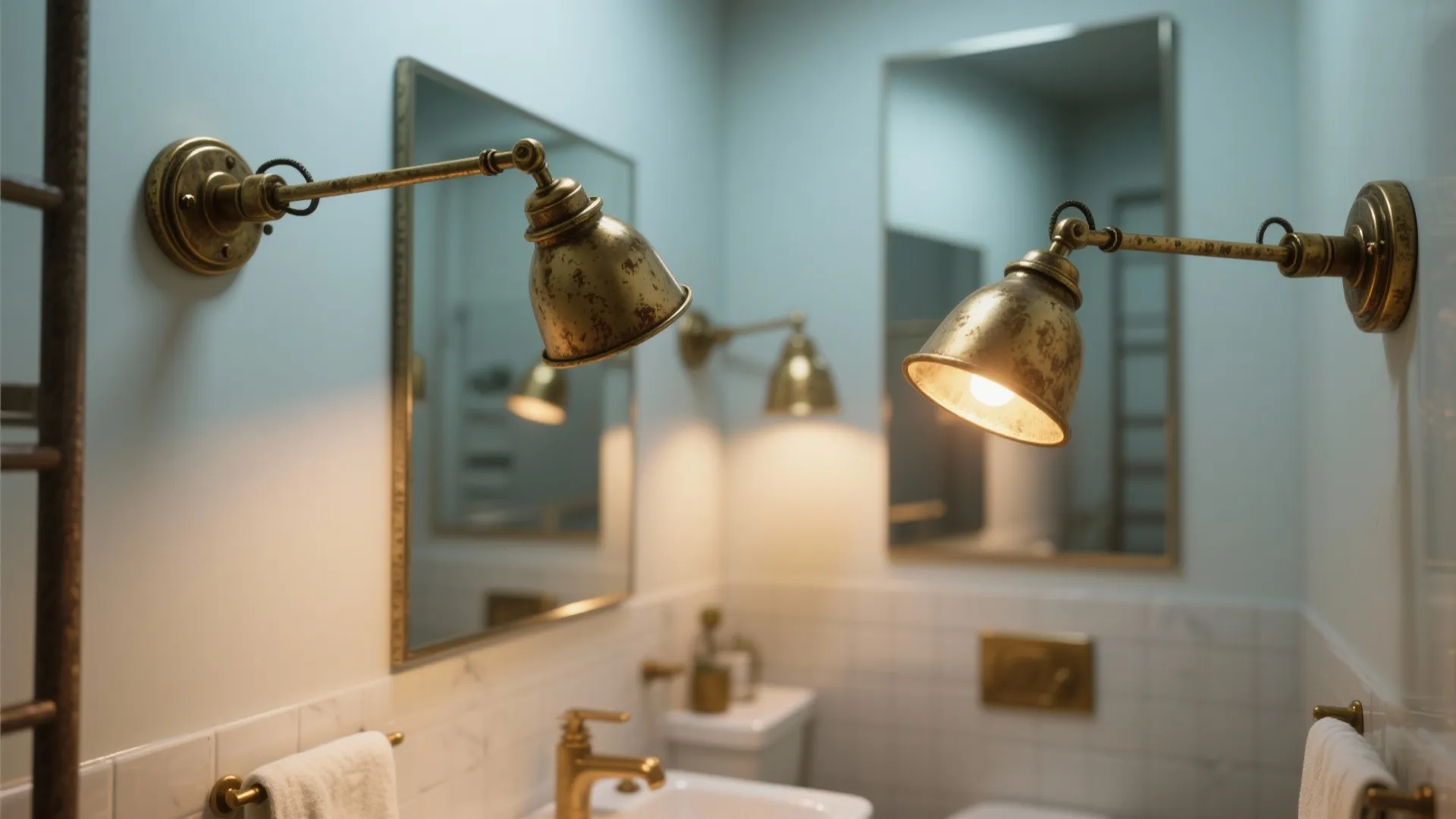Vintage brass swing arm lamps with patina beside mirror in small bathroom