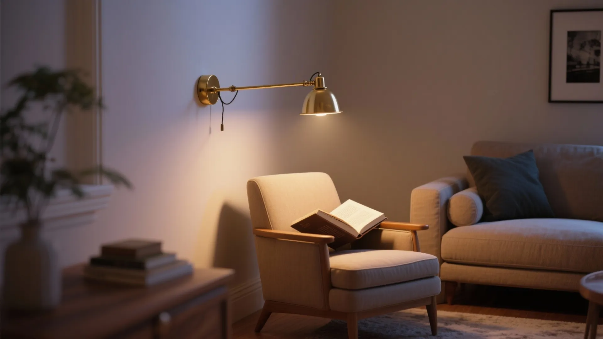 Brass swing-arm sconce above reading chair in living room