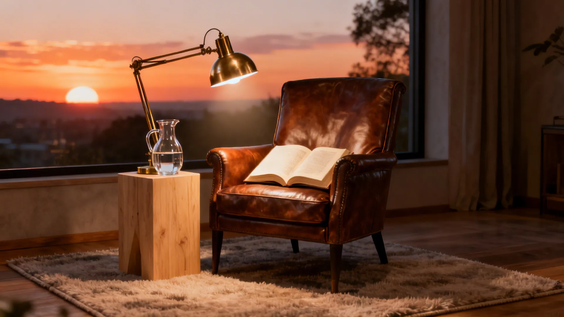 Reading nook lit by a brass adjustable task lamp highlighting a book and armchair