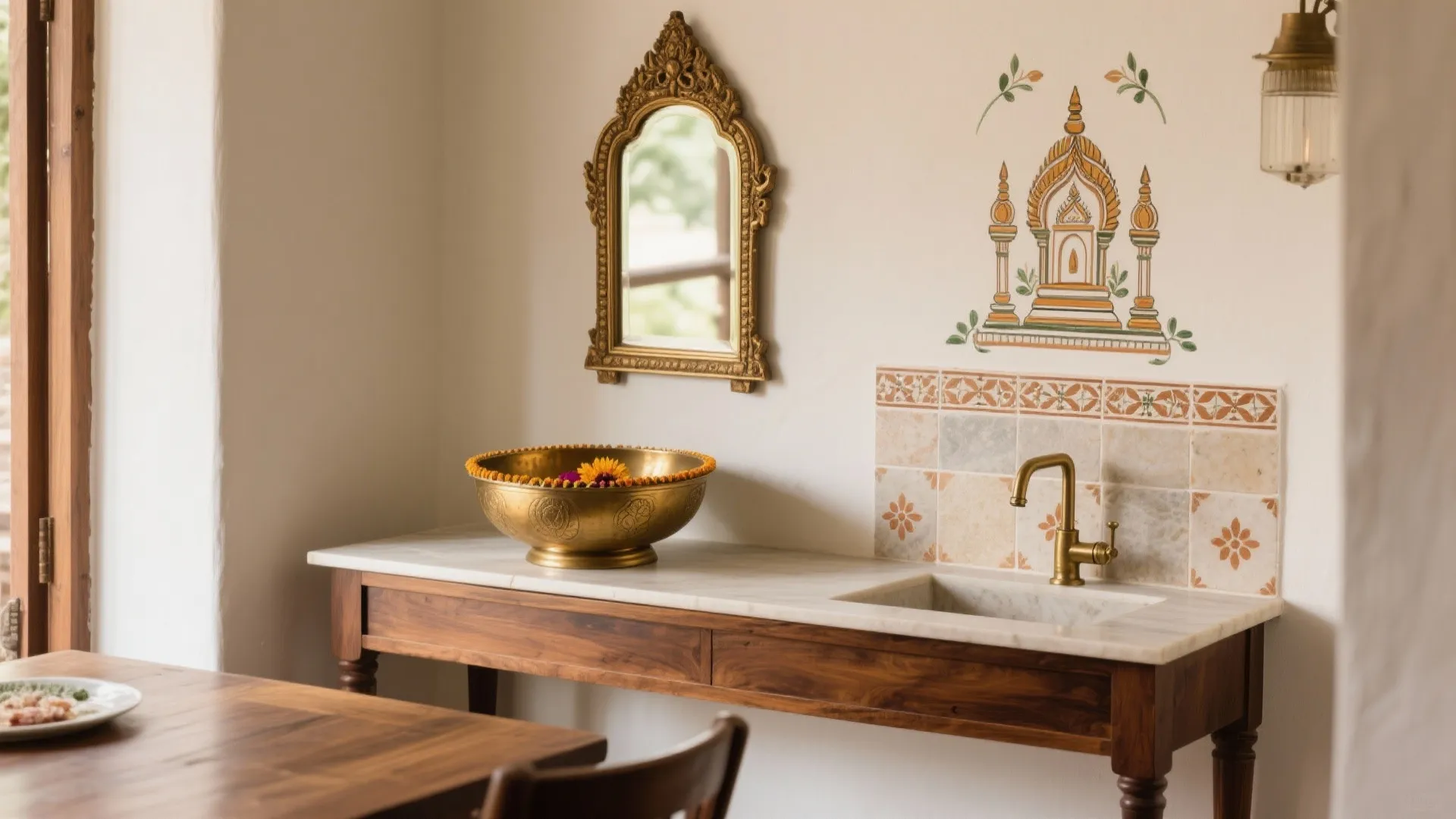 Slim teak console with a brass vessel basin, temple-style mirror, and hand-painted splashback for a heritage dining wash area.