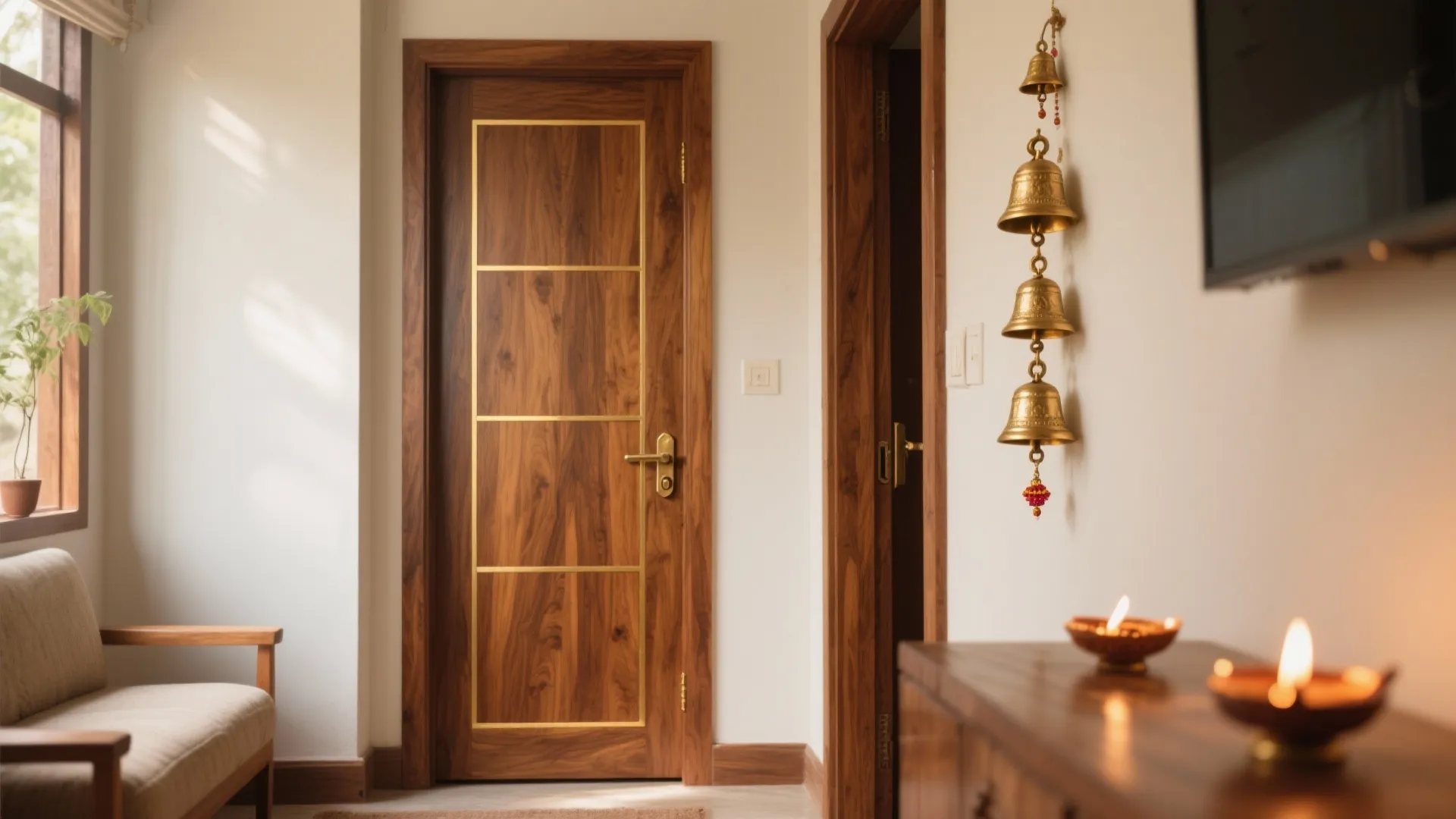 Teak wood door with brass details next to hanging metal bells and a small sofa